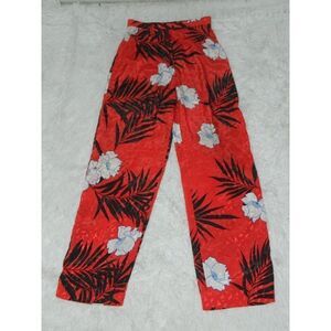 Vintage Pants Red Asian Floral Satin Silky High Waisted Pants Size Small